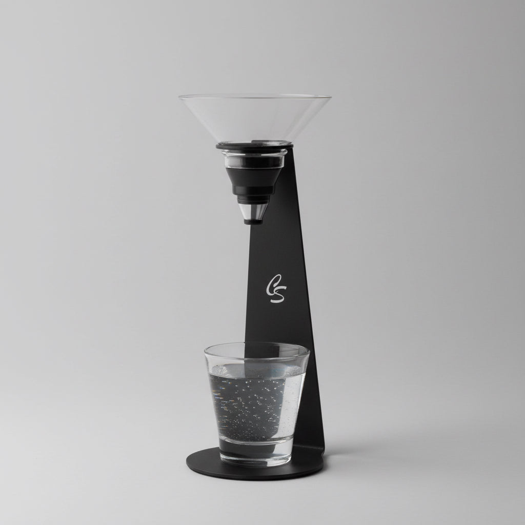 An alcohol filter device placed on a countertop with a clear glass below it, presumably to catch the filtered alcohol. The device and the glass are set against a blurred background suggesting a home or bar environment.